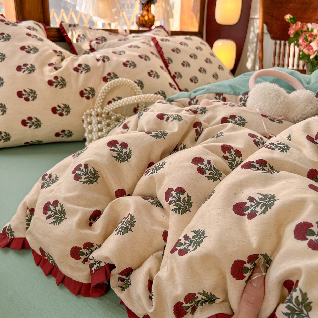 91家纺网 家纺一手货源 找家纺 金丝鸟家纺 2026春夏新款全棉纯棉棉麻印花木耳花边款四件套 如约