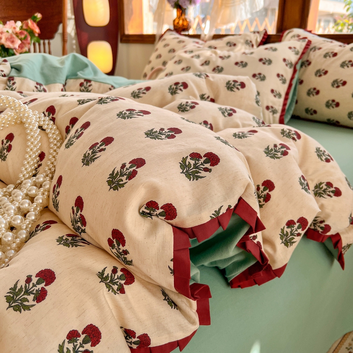 91家纺网 家纺一手货源 找家纺 金丝鸟家纺 2026春夏新款全棉纯棉棉麻印花木耳花边款四件套 如约