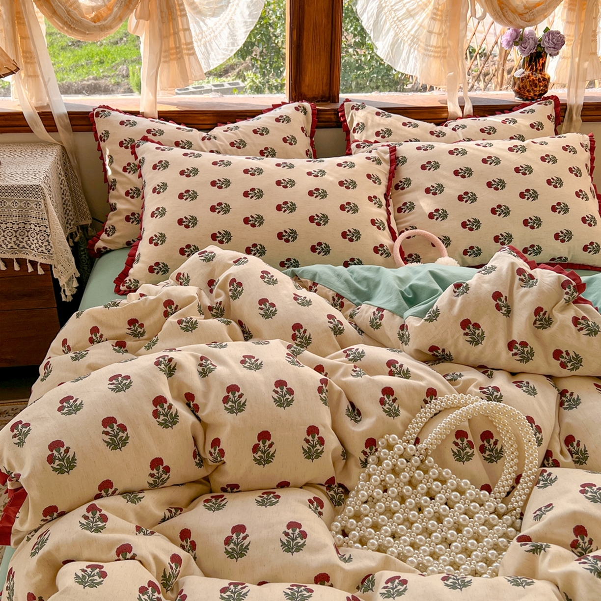 91家纺网 家纺一手货源 找家纺 金丝鸟家纺 2026春夏新款全棉纯棉棉麻印花木耳花边款四件套 如约