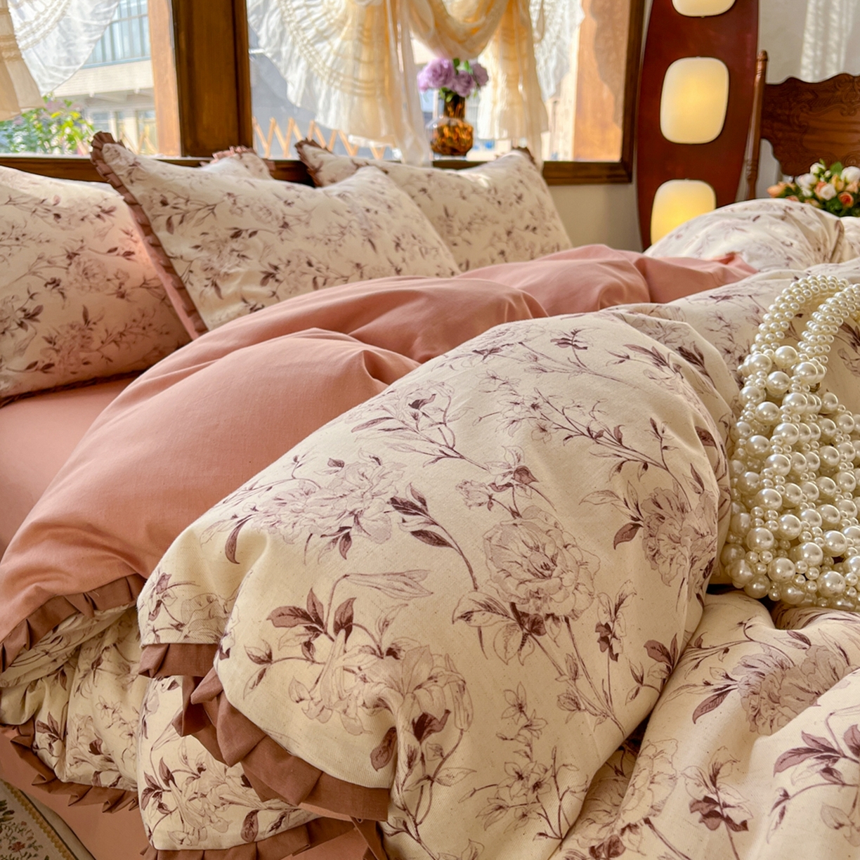 金丝鸟家纺 2026春夏新款全棉纯棉棉麻印花木耳花边款四件套 摇曳