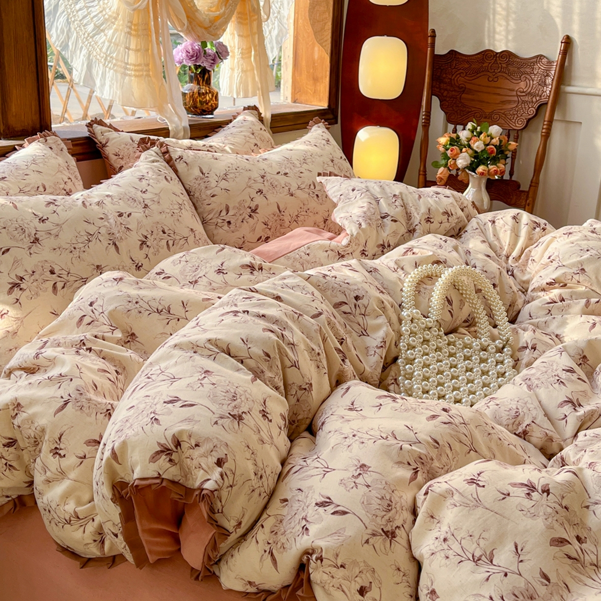 91家纺网 家纺一手货源 找家纺 金丝鸟家纺 2026春夏新款全棉纯棉棉麻印花木耳花边款四件套 摇曳