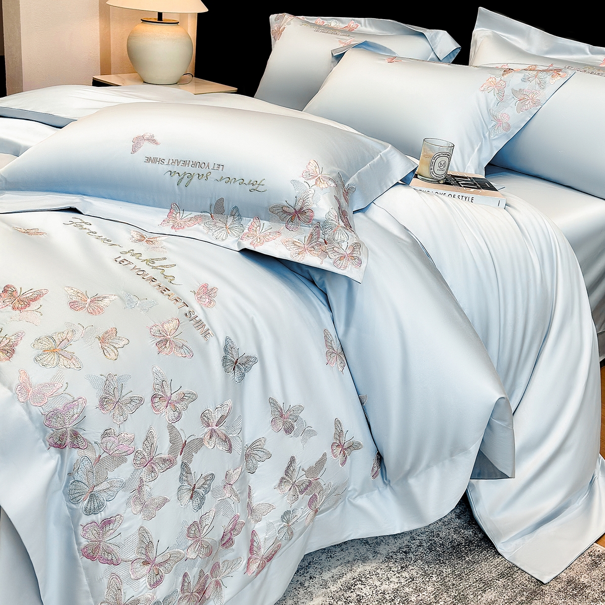 91家纺网 家纺一手货源 找家纺 星蕴家纺 2026新款双股贡缎长绒棉四件套-挚爱 挚爱-魅力蓝