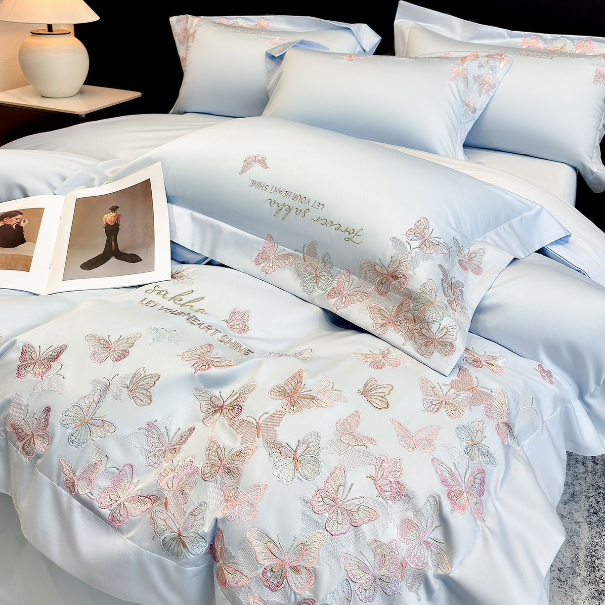 91家纺网 家纺一手货源 找家纺 星蕴家纺 2026新款双股贡缎长绒棉四件套-挚爱 挚爱-魅力蓝