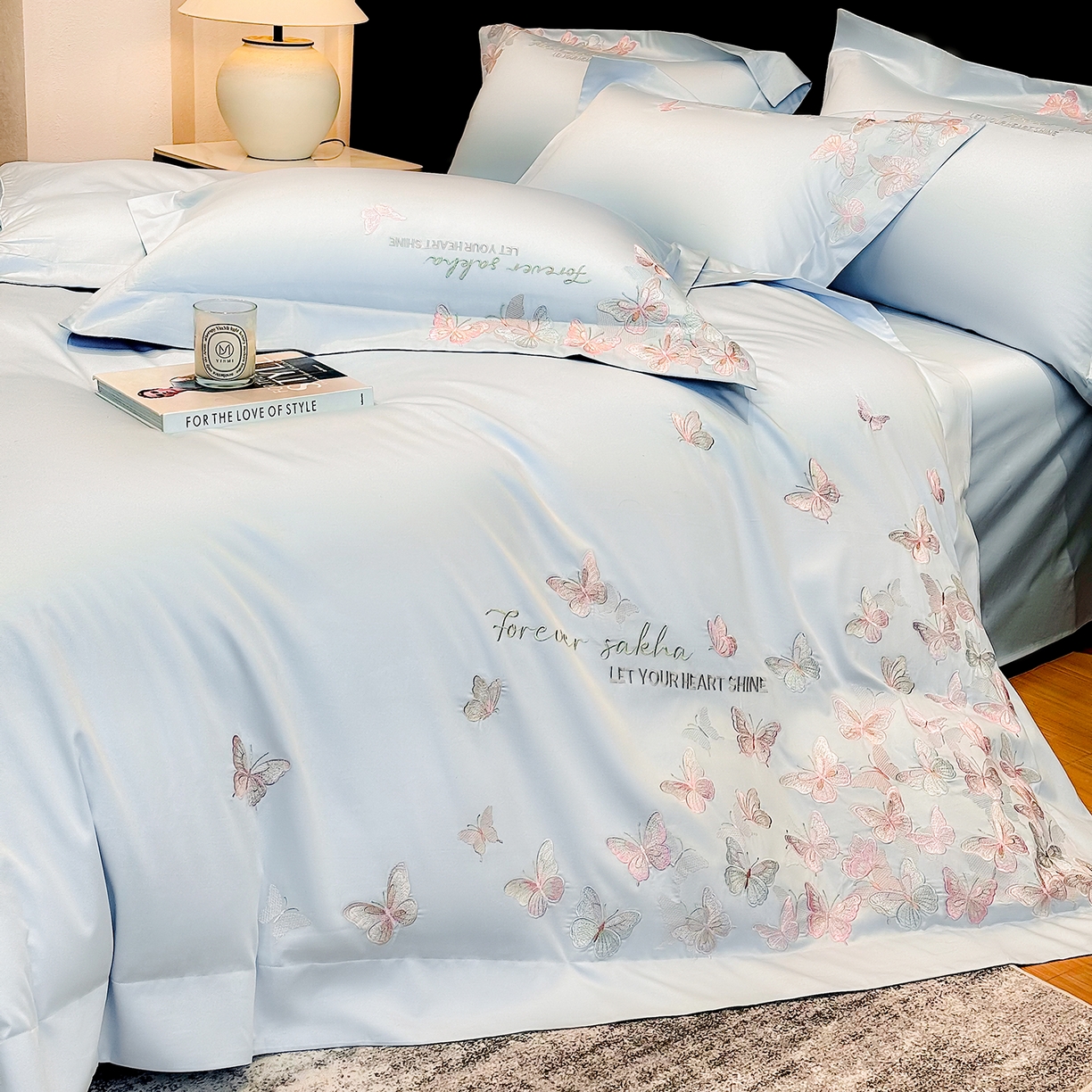 91家纺网 家纺一手货源 找家纺 星蕴家纺 2026新款双股贡缎长绒棉四件套-挚爱 挚爱-魅力蓝