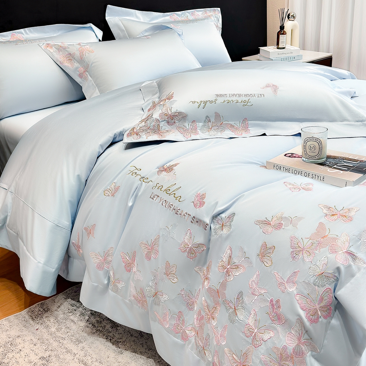 91家纺网 家纺一手货源 找家纺 星蕴家纺 2026新款双股贡缎长绒棉四件套-挚爱 挚爱-魅力蓝