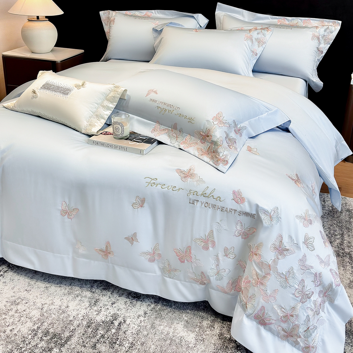 91家纺网 家纺一手货源 找家纺 星蕴家纺 2026新款双股贡缎长绒棉四件套-挚爱 挚爱-魅力蓝