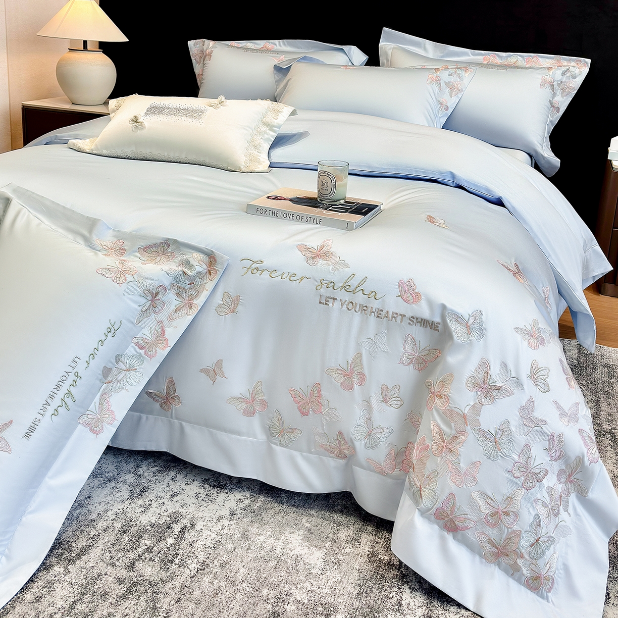 91家纺网 家纺一手货源 找家纺 星蕴家纺 2026新款双股贡缎长绒棉四件套-挚爱 挚爱-魅力蓝