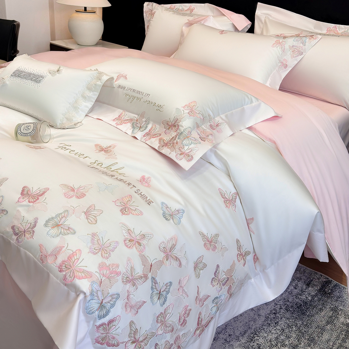 91家纺网 家纺一手货源 找家纺 星蕴家纺 2026新款双股贡缎长绒棉四件套-挚爱 挚爱-珍珠白