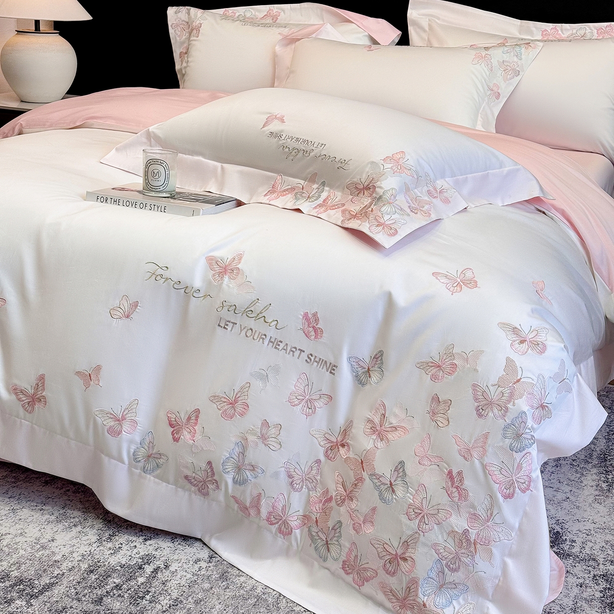 91家纺网 家纺一手货源 找家纺 星蕴家纺 2026新款双股贡缎长绒棉四件套-挚爱 挚爱-珍珠白