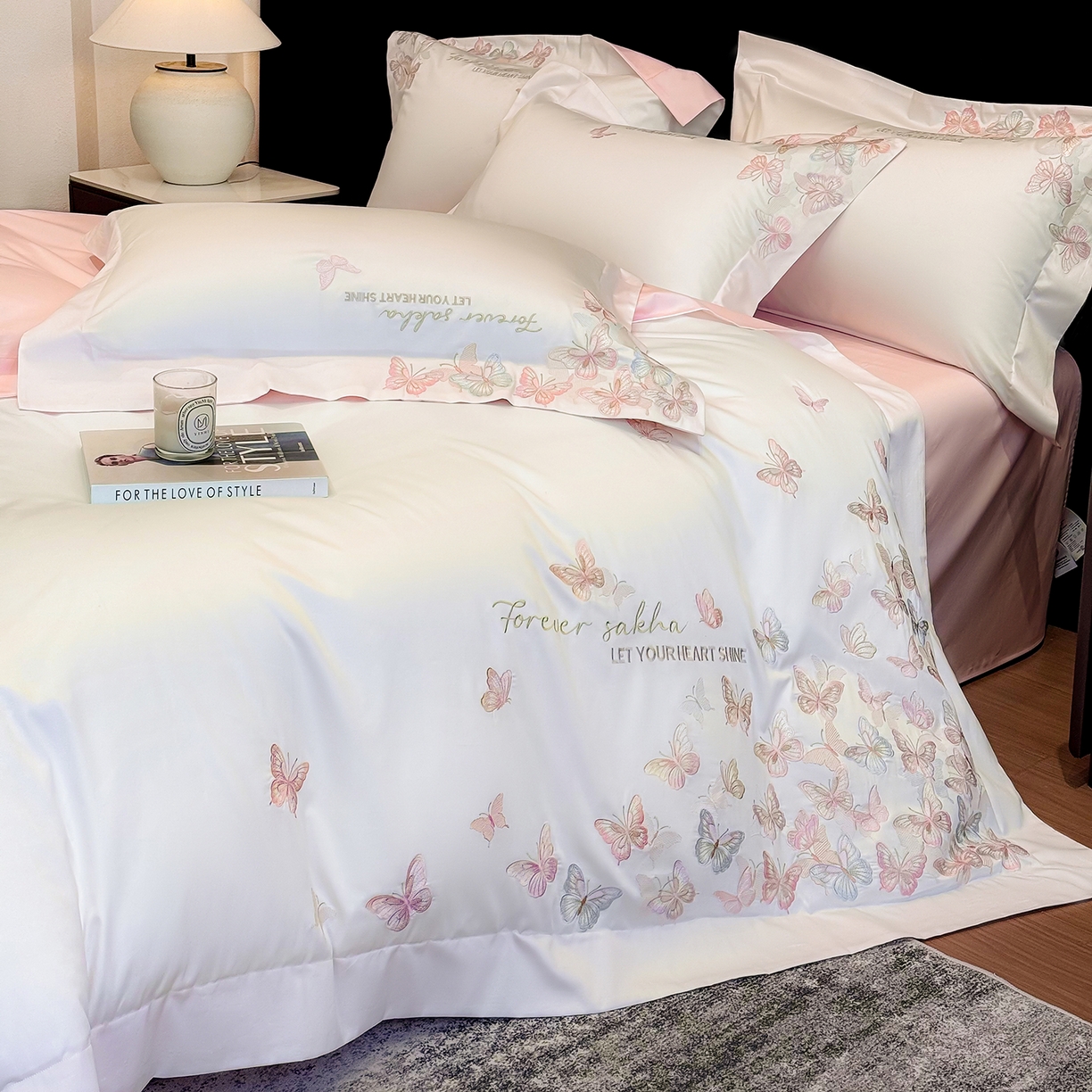 91家纺网 家纺一手货源 找家纺 星蕴家纺 2026新款双股贡缎长绒棉四件套-挚爱 挚爱-珍珠白