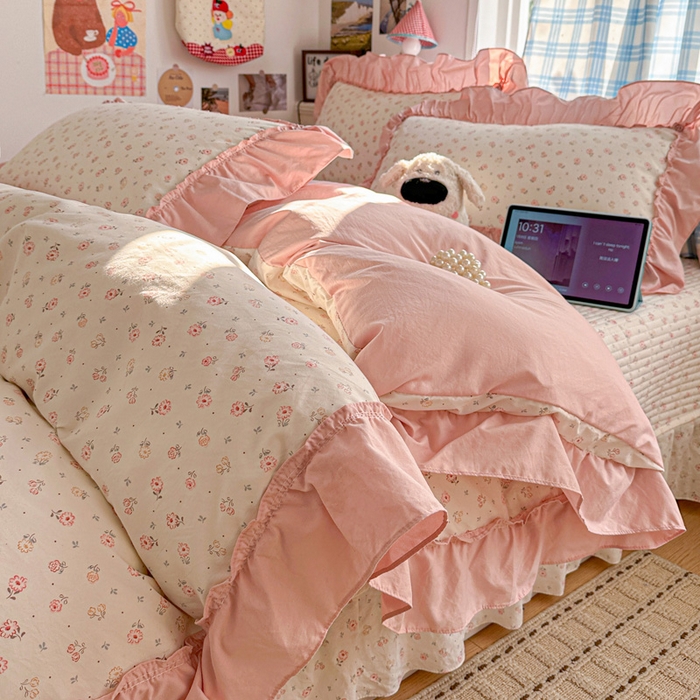 91家纺网 家纺一手货源 找家纺 （总）富米莱（原臻工厂） 2026春夏新款仿棉A类韩系大花边床盖床裙四件套