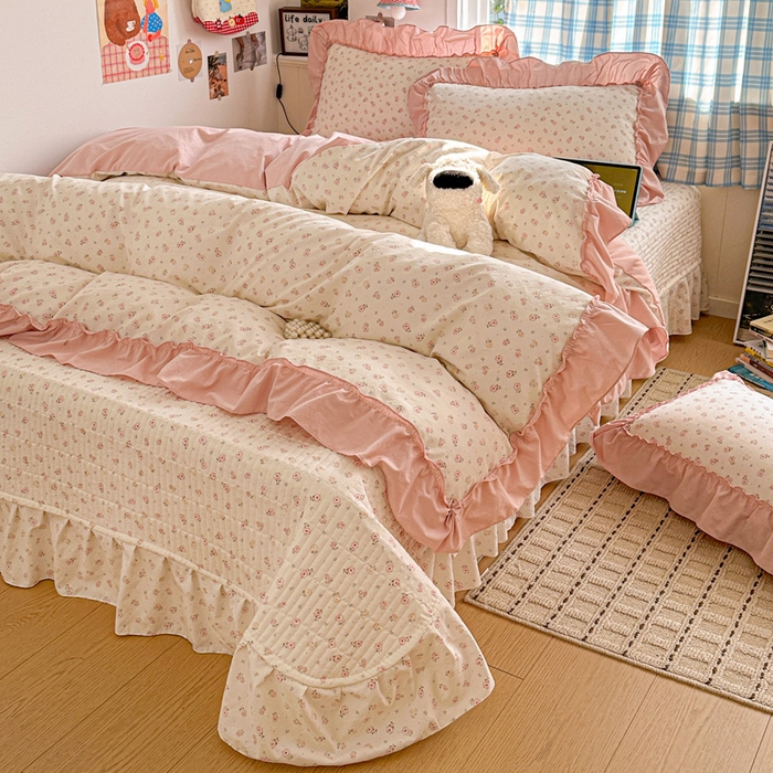 91家纺网 家纺一手货源 找家纺 （总）富米莱（原臻工厂） 2026春夏新款仿棉A类韩系大花边床盖床裙四件套