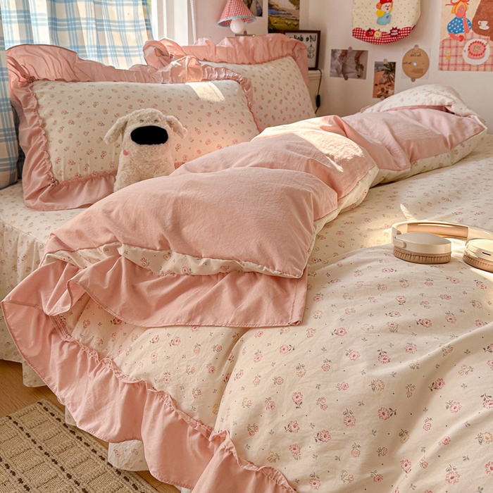 91家纺网 家纺一手货源 找家纺 （总）富米莱（原臻工厂） 2026春夏新款仿棉A类韩系大花边床盖床裙四件套