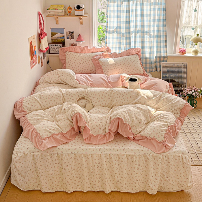 91家纺网 家纺一手货源 找家纺 （总）富米莱（原臻工厂） 2026春夏新款仿棉A类韩系大花边床盖床裙四件套