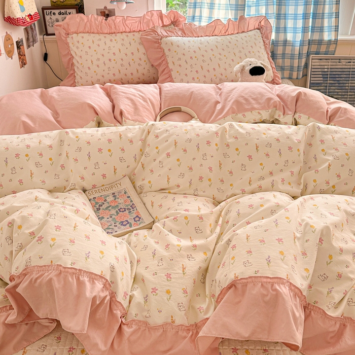 91家纺网 家纺一手货源 找家纺 富米莱（原臻工厂） 2026春夏新款仿棉A类韩系大花边床盖床裙四件套 小杏芙