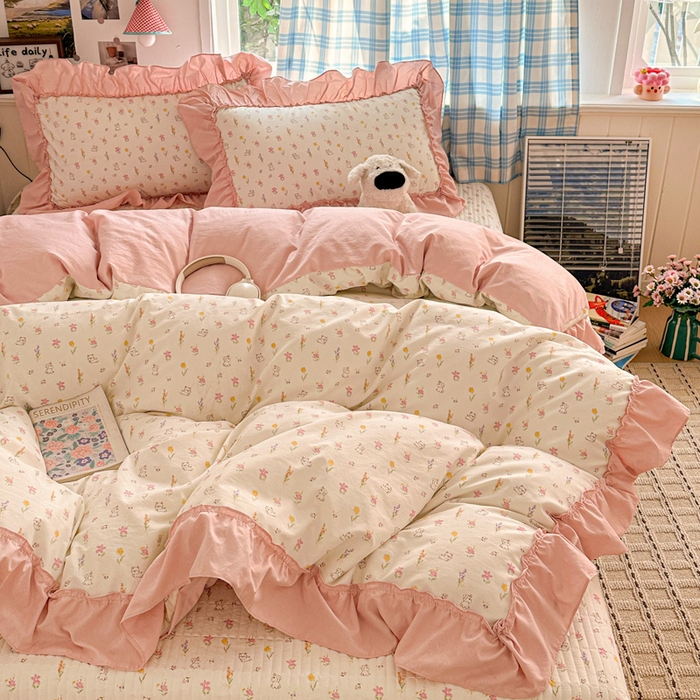 91家纺网 家纺一手货源 找家纺 富米莱（原臻工厂） 2026春夏新款仿棉A类韩系大花边床盖床裙四件套 小杏芙