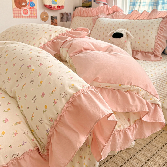 91家纺网 家纺一手货源 找家纺 富米莱（原臻工厂） 2026春夏新款仿棉A类韩系大花边床盖床裙四件套 小杏芙