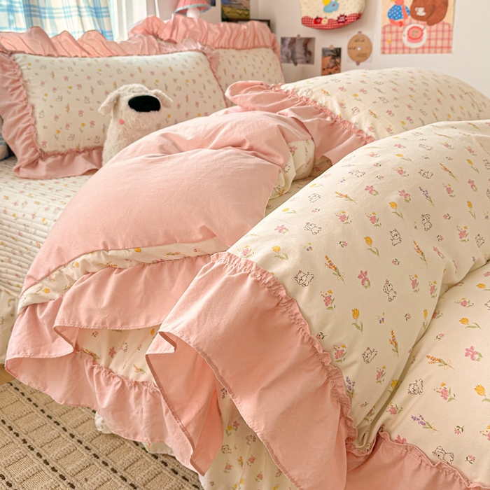 91家纺网 家纺一手货源 找家纺 富米莱（原臻工厂） 2026春夏新款仿棉A类韩系大花边床盖床裙四件套 小杏芙