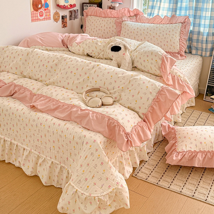 91家纺网 家纺一手货源 找家纺 富米莱（原臻工厂） 2026春夏新款仿棉A类韩系大花边床盖床裙四件套 小杏芙