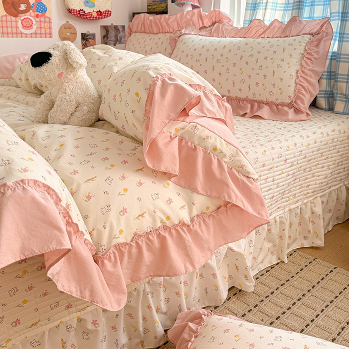 91家纺网 家纺一手货源 找家纺 富米莱（原臻工厂） 2026春夏新款仿棉A类韩系大花边床盖床裙四件套 小杏芙