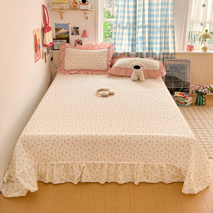 91家纺网 家纺一手货源 找家纺 富米莱（原臻工厂） 2026春夏新款仿棉A类韩系大花边床盖床裙四件套 小杏芙