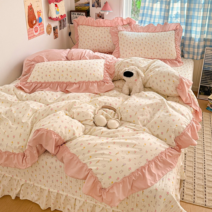 91家纺网 家纺一手货源 找家纺 富米莱（原臻工厂） 2026春夏新款仿棉A类韩系大花边床盖床裙四件套 小杏芙