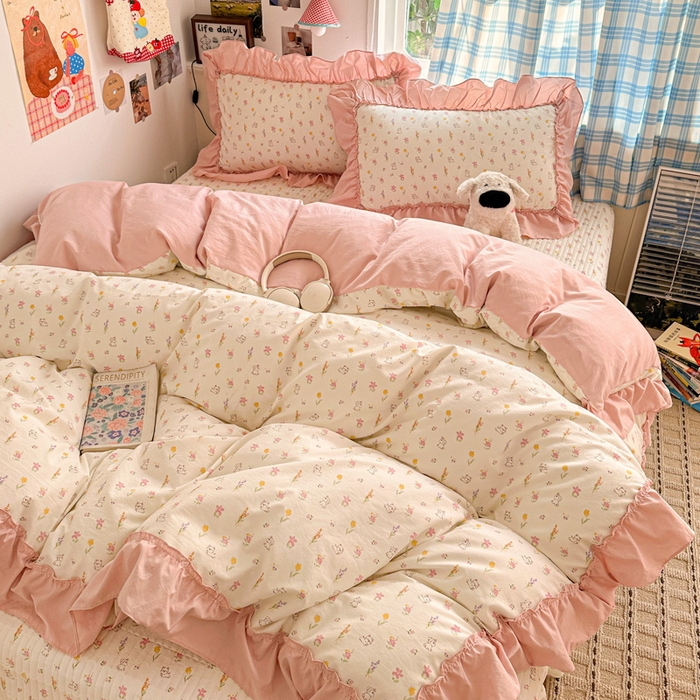 91家纺网 家纺一手货源 找家纺 富米莱（原臻工厂） 2026春夏新款仿棉A类韩系大花边床盖床裙四件套 小杏芙