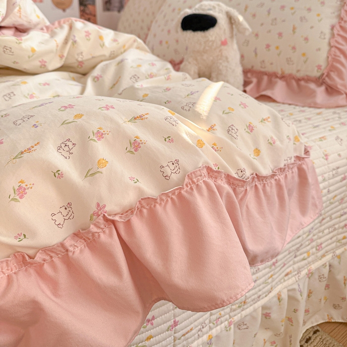 91家纺网 家纺一手货源 找家纺 富米莱（原臻工厂） 2026春夏新款仿棉A类韩系大花边床盖床裙四件套 小杏芙