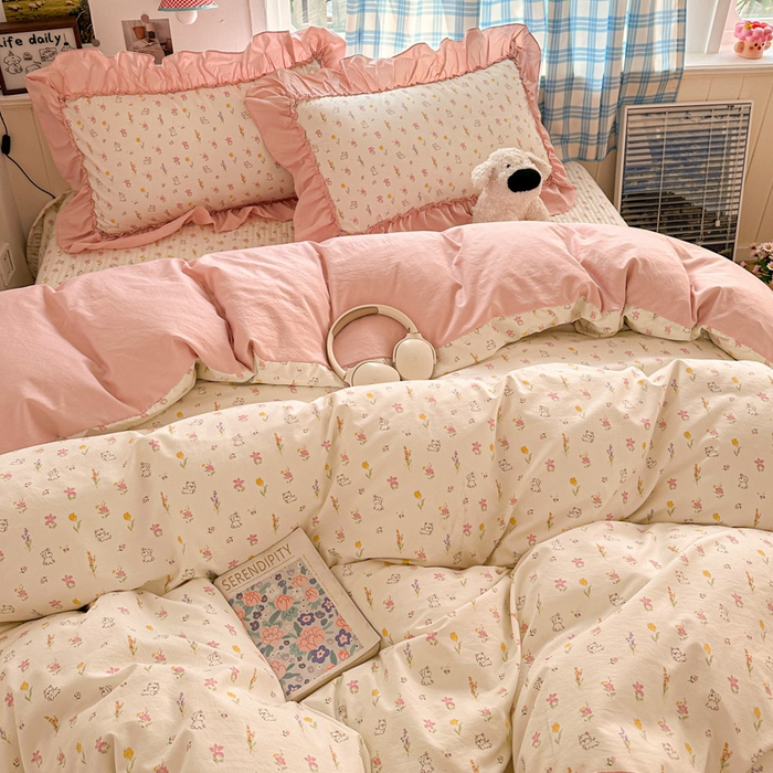 91家纺网 家纺一手货源 找家纺 富米莱（原臻工厂） 2026春夏新款仿棉A类韩系大花边床盖床裙四件套 小杏芙