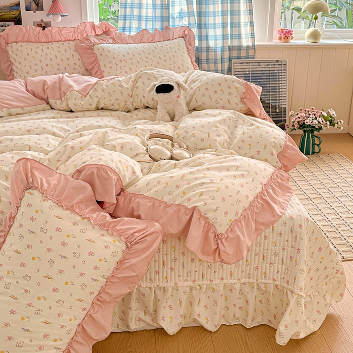 91家纺网 家纺一手货源 找家纺 富米莱（原臻工厂） 2026春夏新款仿棉A类韩系大花边床盖床裙四件套 小杏芙