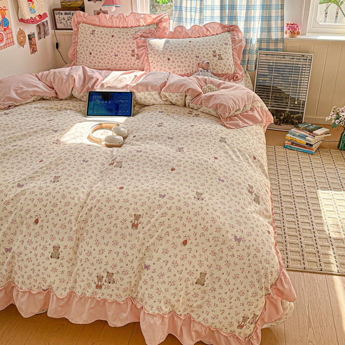 91家纺网 家纺一手货源 找家纺 富米莱（原臻工厂） 2026春夏新款仿棉A类韩系大花边床盖床裙四件套 艾利花园