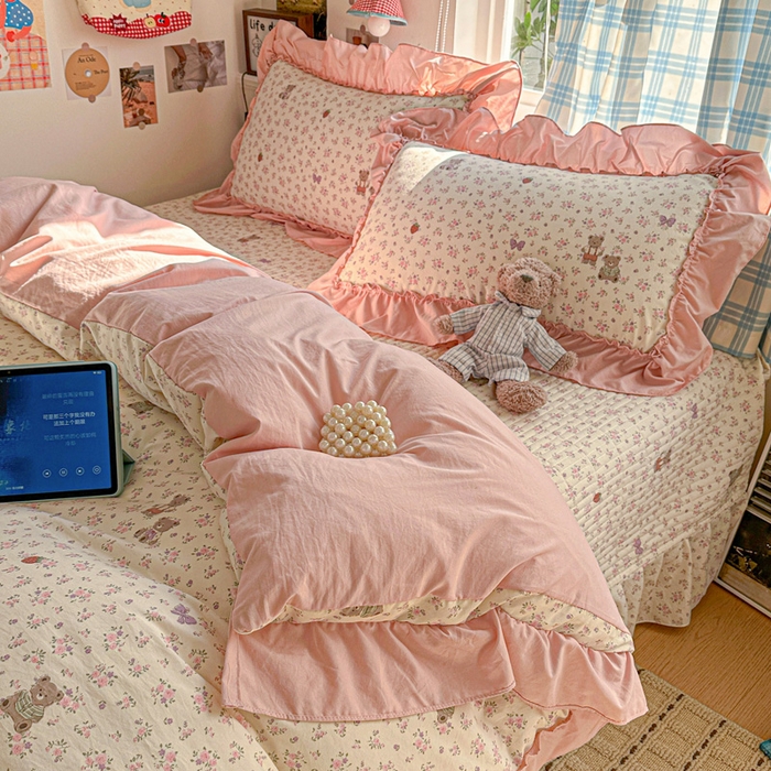 91家纺网 家纺一手货源 找家纺 富米莱（原臻工厂） 2026春夏新款仿棉A类韩系大花边床盖床裙四件套 艾利花园