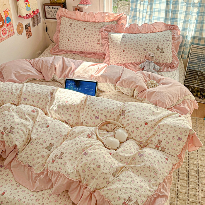 91家纺网 家纺一手货源 找家纺 富米莱（原臻工厂） 2026春夏新款仿棉A类韩系大花边床盖床裙四件套 艾利花园