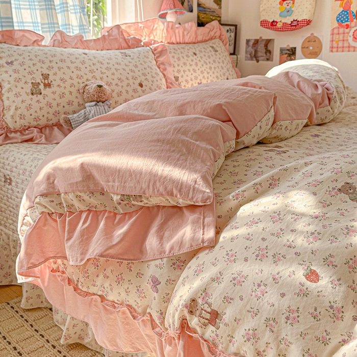 91家纺网 家纺一手货源 找家纺 富米莱（原臻工厂） 2026春夏新款仿棉A类韩系大花边床盖床裙四件套 艾利花园