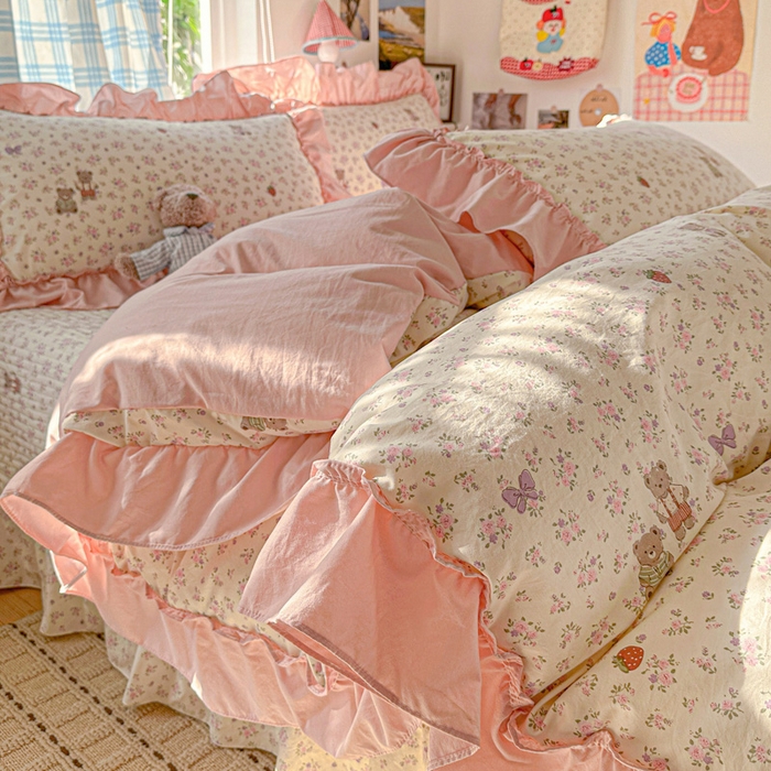 91家纺网 家纺一手货源 找家纺 富米莱（原臻工厂） 2026春夏新款仿棉A类韩系大花边床盖床裙四件套 艾利花园