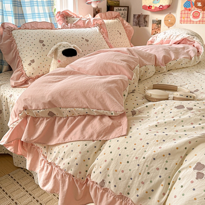 91家纺网 家纺一手货源 找家纺 富米莱（原臻工厂） 2026春夏新款仿棉A类韩系大花边床盖床裙四件套 波点汽球