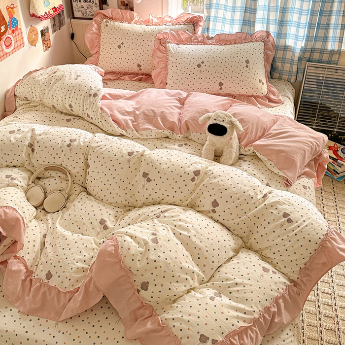 91家纺网 家纺一手货源 找家纺 富米莱（原臻工厂） 2026春夏新款仿棉A类韩系大花边床盖床裙四件套 波点汽球