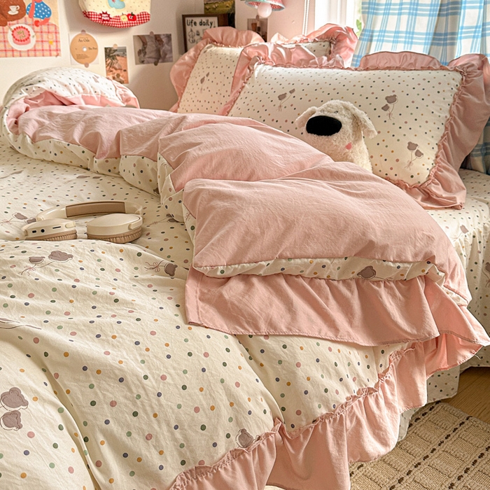 91家纺网 家纺一手货源 找家纺 富米莱（原臻工厂） 2026春夏新款仿棉A类韩系大花边床盖床裙四件套 波点汽球