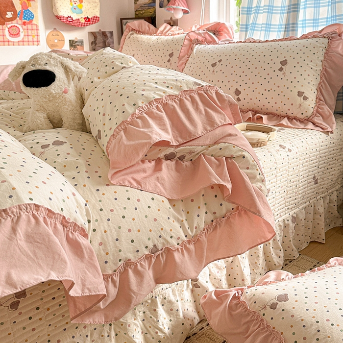 91家纺网 家纺一手货源 找家纺 富米莱（原臻工厂） 2026春夏新款仿棉A类韩系大花边床盖床裙四件套 波点汽球