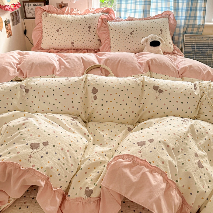 91家纺网 家纺一手货源 找家纺 富米莱（原臻工厂） 2026春夏新款仿棉A类韩系大花边床盖床裙四件套 波点汽球