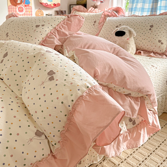 91家纺网 家纺一手货源 找家纺 富米莱（原臻工厂） 2026春夏新款仿棉A类韩系大花边床盖床裙四件套 波点汽球