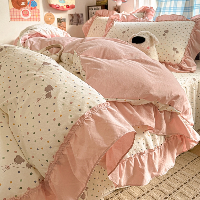 91家纺网 家纺一手货源 找家纺 富米莱（原臻工厂） 2026春夏新款仿棉A类韩系大花边床盖床裙四件套 波点汽球