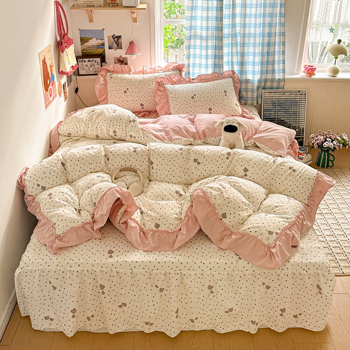 91家纺网 家纺一手货源 找家纺 富米莱（原臻工厂） 2026春夏新款仿棉A类韩系大花边床盖床裙四件套 波点汽球