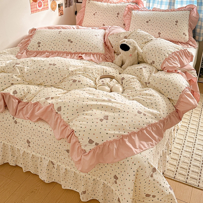 91家纺网 家纺一手货源 找家纺 富米莱（原臻工厂） 2026春夏新款仿棉A类韩系大花边床盖床裙四件套 波点汽球