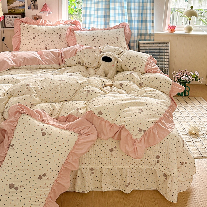 91家纺网 家纺一手货源 找家纺 富米莱（原臻工厂） 2026春夏新款仿棉A类韩系大花边床盖床裙四件套 波点汽球