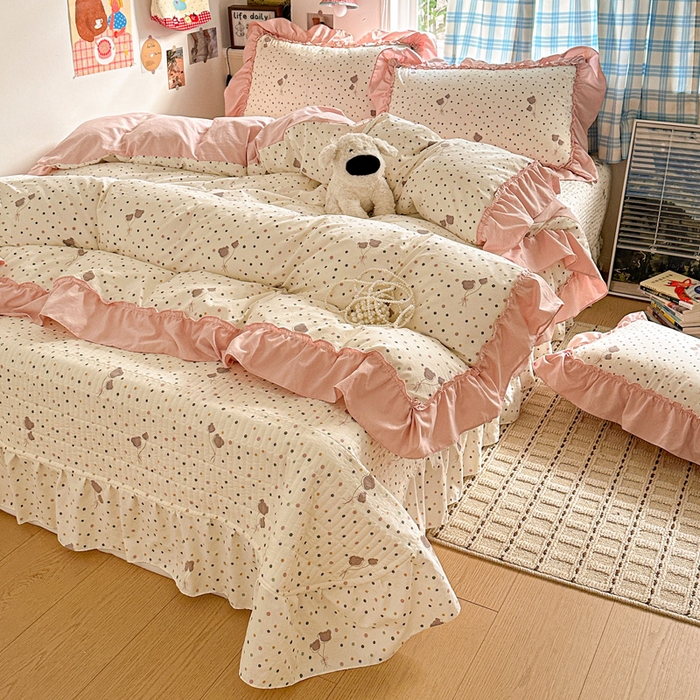 91家纺网 家纺一手货源 找家纺 富米莱（原臻工厂） 2026春夏新款仿棉A类韩系大花边床盖床裙四件套 波点汽球