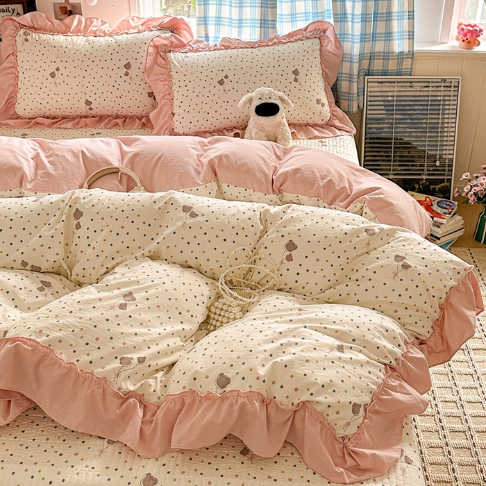 91家纺网 家纺一手货源 找家纺 富米莱（原臻工厂） 2026春夏新款仿棉A类韩系大花边床盖床裙四件套 波点汽球
