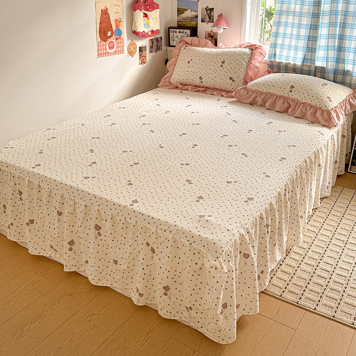 91家纺网 家纺一手货源 找家纺 富米莱（原臻工厂） 2026春夏新款仿棉A类韩系大花边床盖床裙四件套 波点汽球