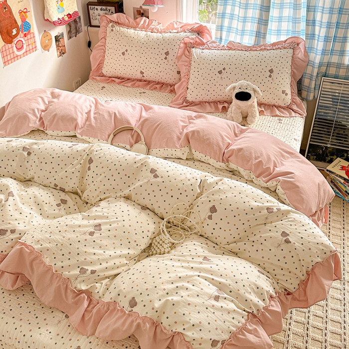 91家纺网 家纺一手货源 找家纺 富米莱（原臻工厂） 2026春夏新款仿棉A类韩系大花边床盖床裙四件套 波点汽球