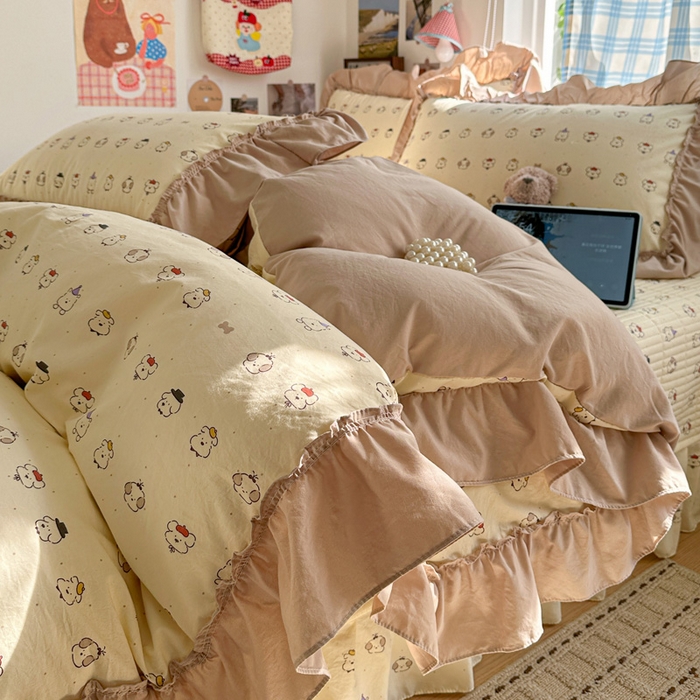 91家纺网 家纺一手货源 找家纺 富米莱（原臻工厂） 2026春夏新款仿棉A类韩系大花边床盖床裙四件套 动物世界